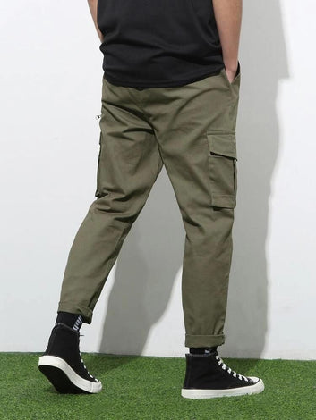 Sprouted Men's Cotton Solid Multipocket Olive Cargo Pant Slim Fit